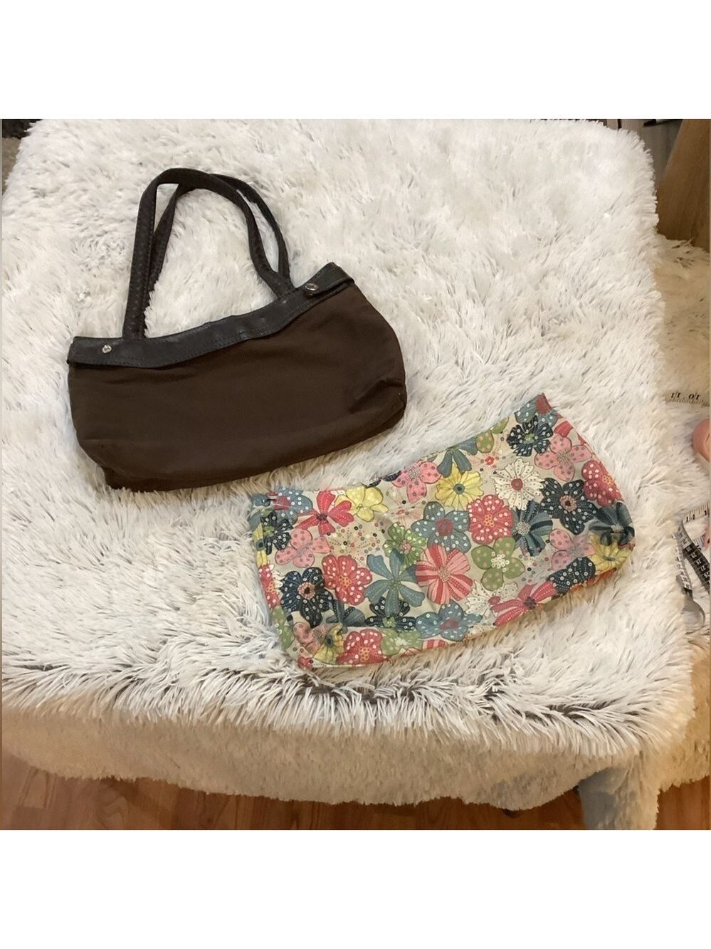 Thirty One Skirt Bag brown with colorful floral skirt